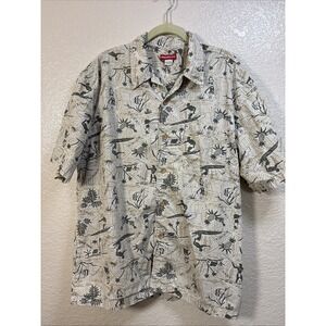 UNIONBAY Mens L Beige And Green Hawaiian Button Up Shirt